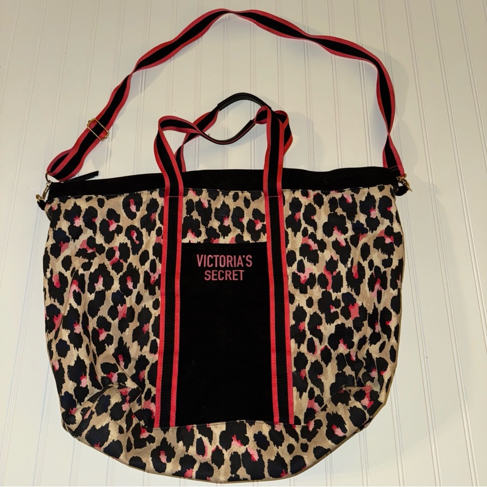 Victoria's Secret Red and Brown Tote Bag with Leopard Print